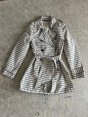 Banana Republic Striped Double-Breasted Trench Coat - Gray & White